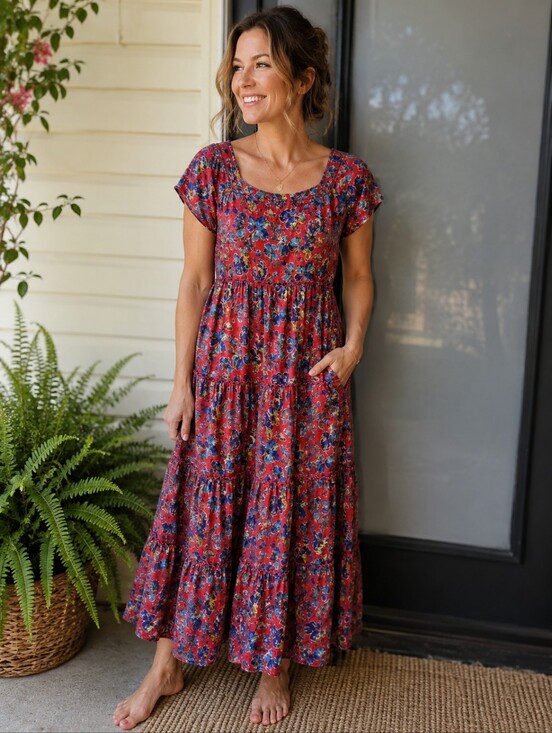 NATURAL LIFE Dresses & Skirts - Natural Life Berkley Velvet Maxi Women's Dress Size M Red Blue Pattern Floral